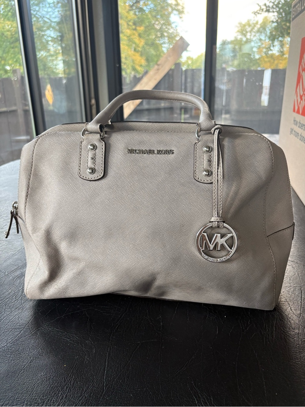 Michael Kors Sandrine Large Pearl Grey Saffiano Leather Satchel